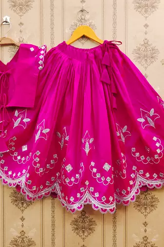 Pink embroidered taffeta lehenga and choli for girls