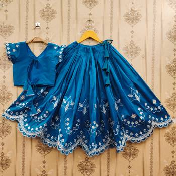 Turquoise embroidered taffeta lehenga and choli for girls 1