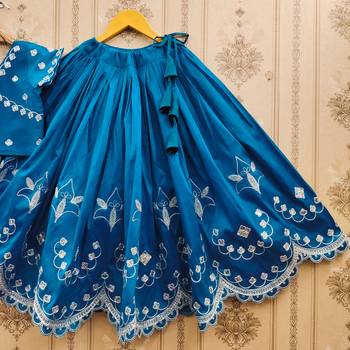 Turquoise embroidered taffeta lehenga and choli for girls 3