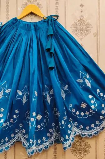 Turquoise embroidered taffeta lehenga and choli for girls