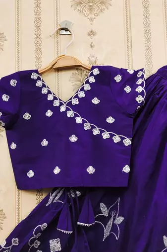 Blue embroidered taffeta lehenga and choli for girls