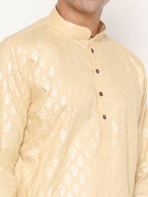 Men's festive yellow printed kurta with white churidar 2