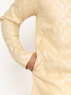 Men's festive yellow printed kurta with white churidar 3