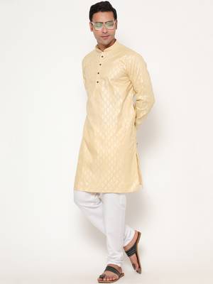 Men's festive yellow printed kurta with white churidar 4