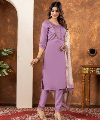 Lavender Designer Straight Kurti Pant Dupatta Set with Embroidery and Hand Work 1