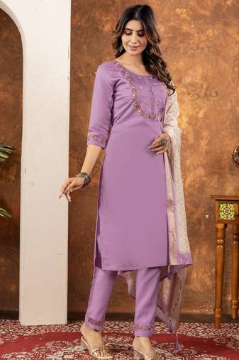 Lavender Designer Straight Kurti Pant Dupatta Set with Embroidery and Hand Work