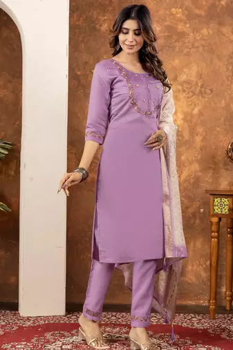 Lavender Designer Straight Kurti Pant Dupatta Set with Embroidery and Hand Work