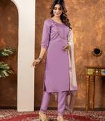 Lavender Designer Straight Kurti Pant Dupatta Set with Embroidery and Hand Work