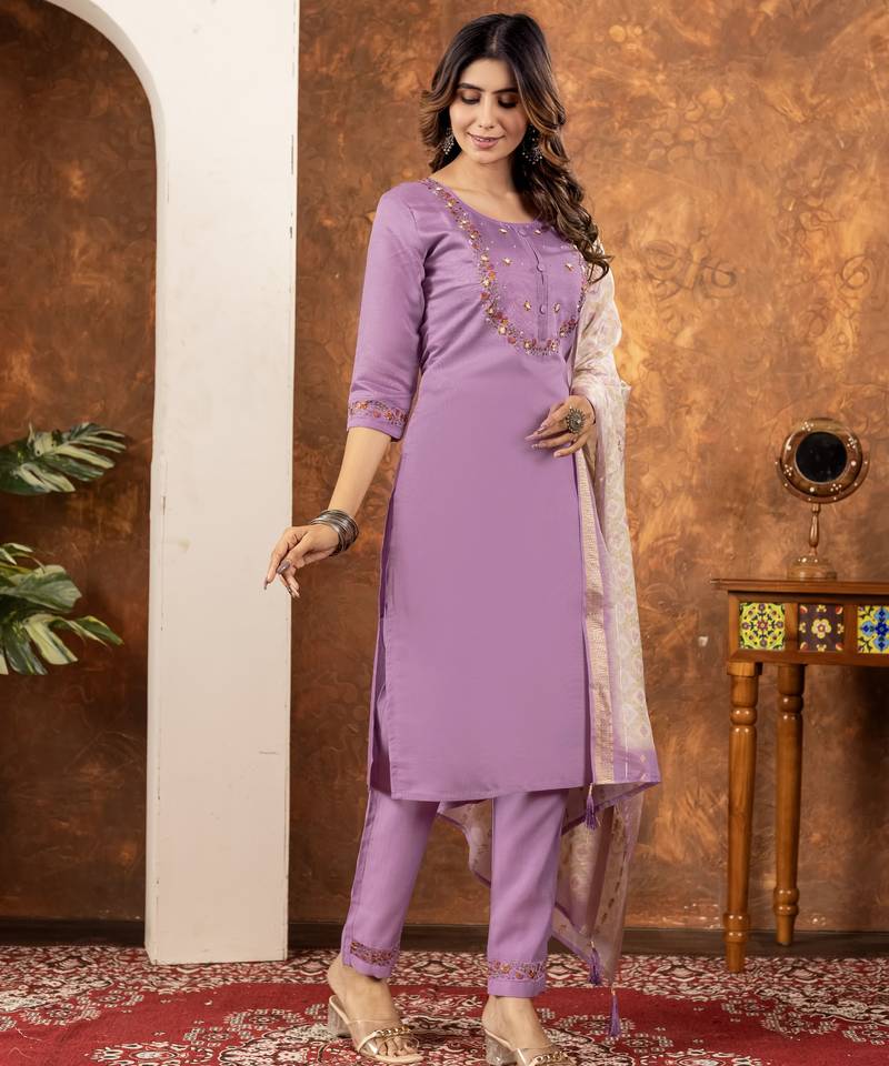 Lavender Designer Straight Kurti Pant Dupatta Set with Embroidery and Hand Work