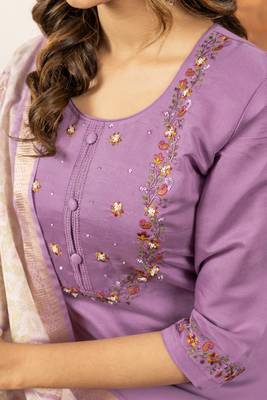 Lavender Designer Straight Kurti Pant Dupatta Set with Embroidery and Hand Work 3