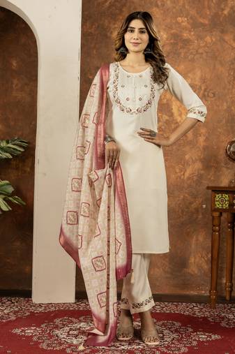 Off white Designer Straight Kurti Pant Dupatta Set With Embroidery And Hand Work
