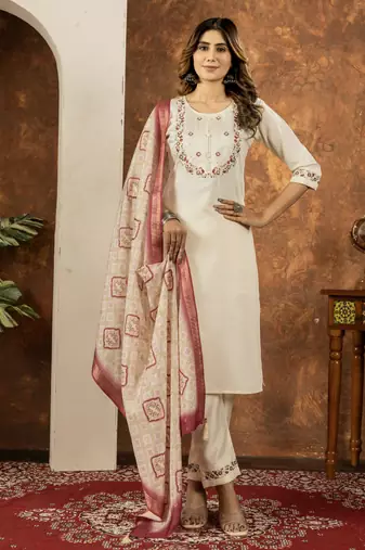 Off white Designer Straight Kurti Pant Dupatta Set With Embroidery And Hand Work