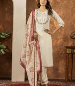 Off white Designer Straight Kurti Pant Dupatta Set With Embroidery And Hand Work