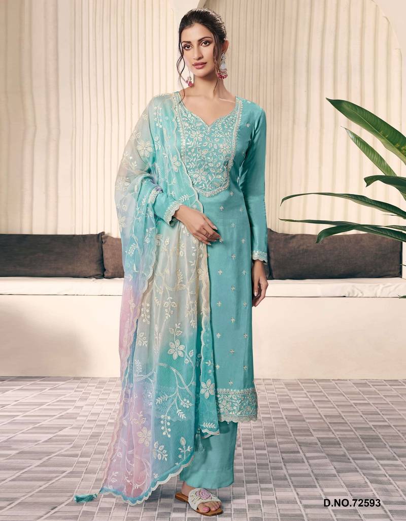 Sky blue silk semi stitched wedding suits