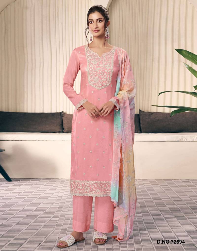 Light pink silk semi stitched wedding suits