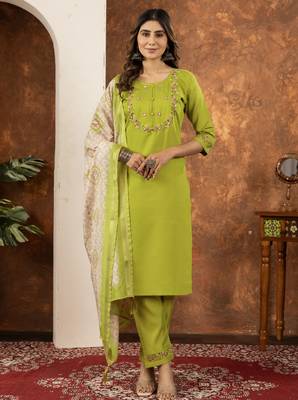 Parrot green Designer Straight Kurti Pant Dupatta Set With Embroidery And Hand Work 1