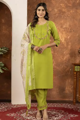 Parrot green Designer Straight Kurti Pant Dupatta Set With Embroidery And Hand Work
