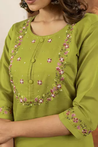 Parrot green Designer Straight Kurti Pant Dupatta Set With Embroidery And Hand Work