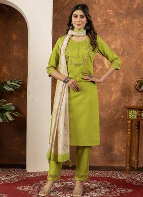 Parrot green Designer Straight Kurti Pant Dupatta Set With Embroidery And Hand Work 4