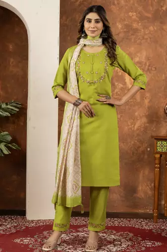 Parrot green Designer Straight Kurti Pant Dupatta Set With Embroidery And Hand Work