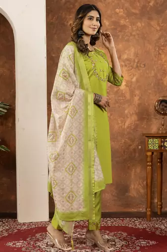 Parrot green Designer Straight Kurti Pant Dupatta Set With Embroidery And Hand Work