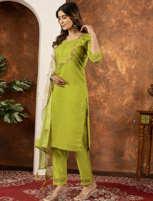 Parrot green Designer Straight Kurti Pant Dupatta Set With Embroidery And Hand Work 6