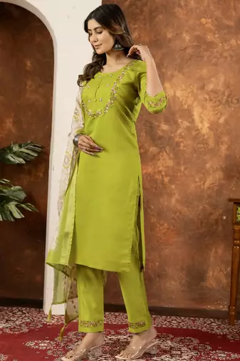 Parrot green Designer Straight Kurti Pant Dupatta Set With Embroidery And Hand Work