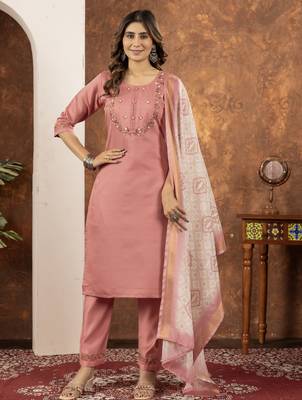 Peach Designer Straight Kurti Pant Dupatta Set With Embroidery And Hand Work 1