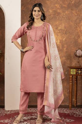 Peach Designer Straight Kurti Pant Dupatta Set With Embroidery And Hand Work