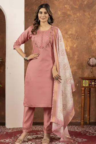 Peach Designer Straight Kurti Pant Dupatta Set With Embroidery And Hand Work
