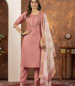 Peach Designer Straight Kurti Pant Dupatta Set With Embroidery And Hand Work