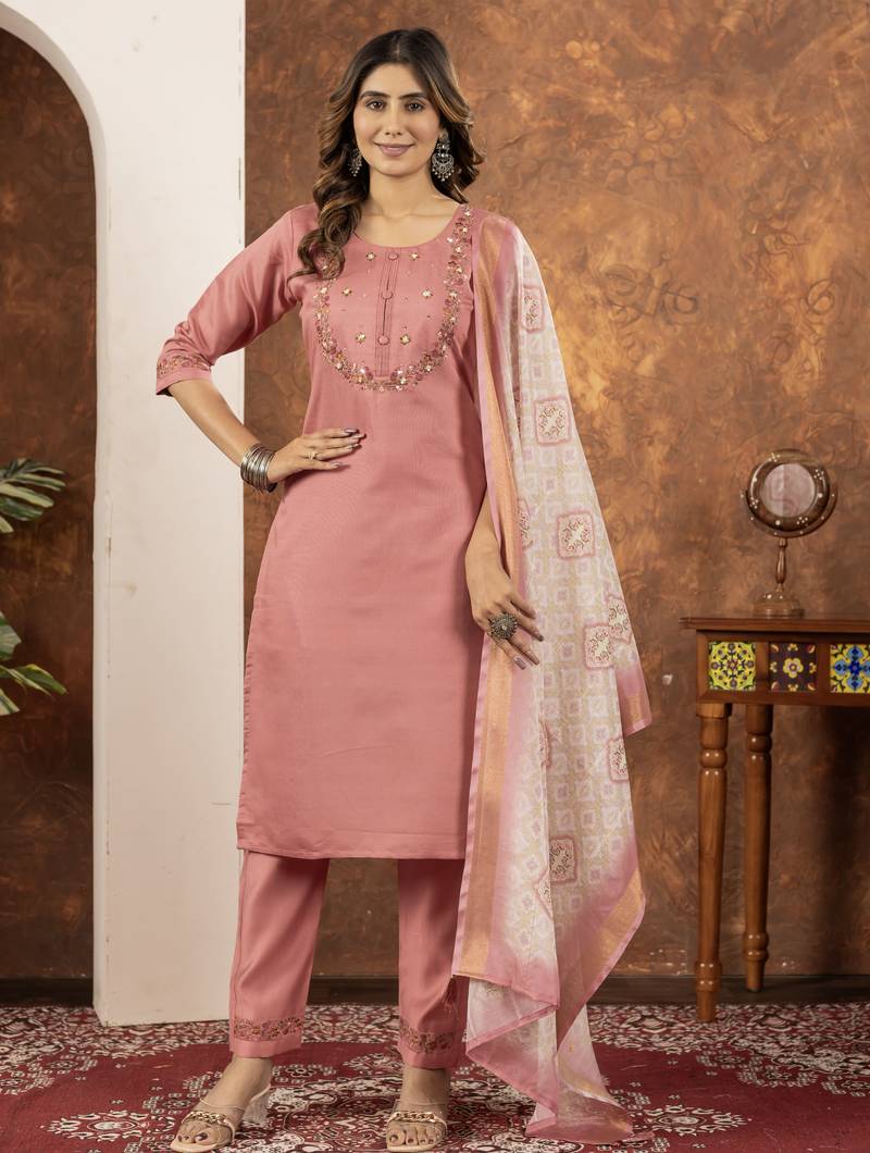 Peach Designer Straight Kurti Pant Dupatta Set With Embroidery And Hand Work