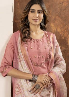 Peach Designer Straight Kurti Pant Dupatta Set With Embroidery And Hand Work 3