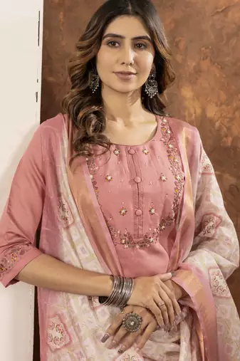 Peach Designer Straight Kurti Pant Dupatta Set With Embroidery And Hand Work