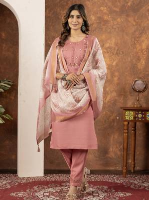 Peach Designer Straight Kurti Pant Dupatta Set With Embroidery And Hand Work 4