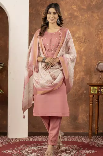 Peach Designer Straight Kurti Pant Dupatta Set With Embroidery And Hand Work