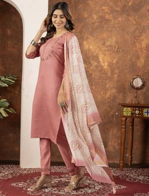 Peach Designer Straight Kurti Pant Dupatta Set With Embroidery And Hand Work 5