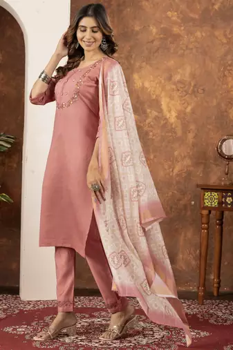 Peach Designer Straight Kurti Pant Dupatta Set With Embroidery And Hand Work