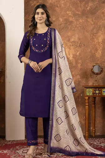 Purple Designer Straight Kurti Pant Dupatta Set With Embroidery And Hand Work