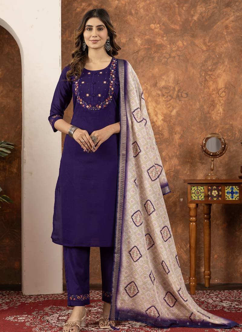 Purple Designer Straight Kurti Pant Dupatta Set With Embroidery And Hand Work