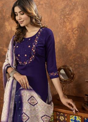 Purple Designer Straight Kurti Pant Dupatta Set With Embroidery And Hand Work 3