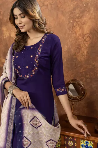 Purple Designer Straight Kurti Pant Dupatta Set With Embroidery And Hand Work