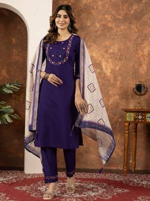 Purple Designer Straight Kurti Pant Dupatta Set With Embroidery And Hand Work 4