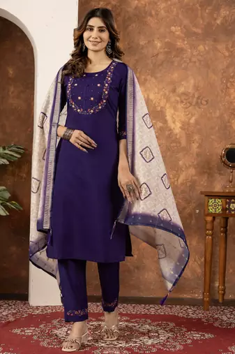 Purple Designer Straight Kurti Pant Dupatta Set With Embroidery And Hand Work
