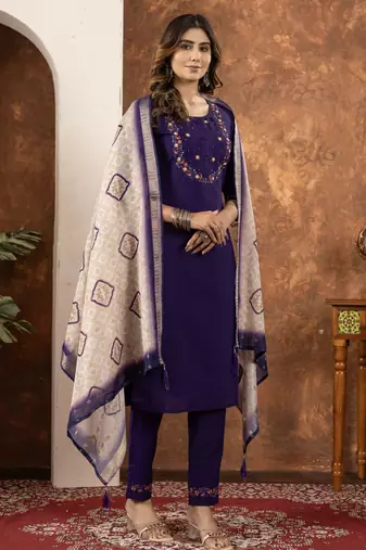 Purple Designer Straight Kurti Pant Dupatta Set With Embroidery And Hand Work
