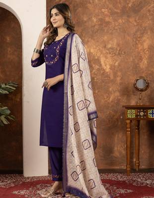 Purple Designer Straight Kurti Pant Dupatta Set With Embroidery And Hand Work 6
