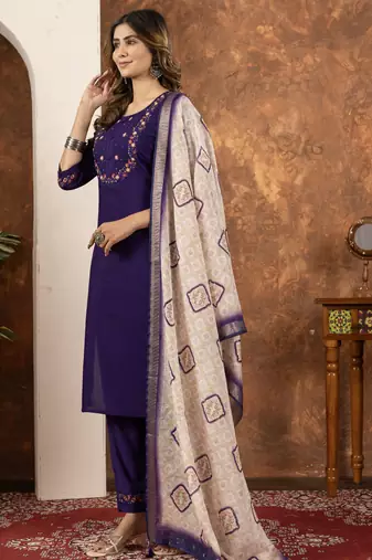 Purple Designer Straight Kurti Pant Dupatta Set With Embroidery And Hand Work