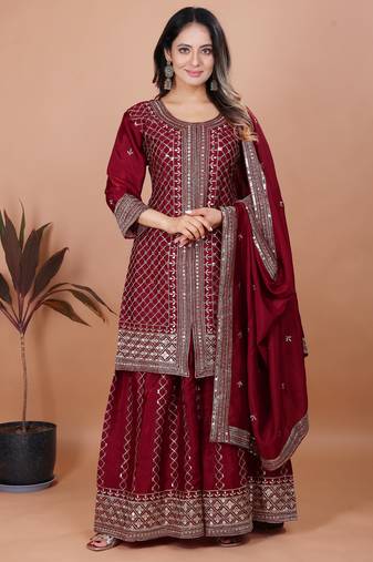 MAROON CHINON SILK  PARTY WEAR SUIT SET 
