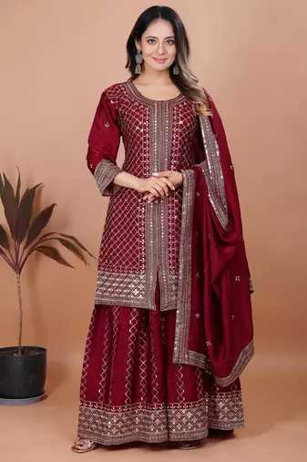 MAROON CHINON SILK  PARTY WEAR SUIT SET 