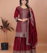 MAROON CHINON SILK  PARTY WEAR SUIT SET 